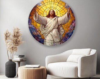 Cuadro de pared de vidrio templado con la imagen de Jesús resucitado, estilo vidriera redonda, lámina religiosa cristiana sobre la resurrección.