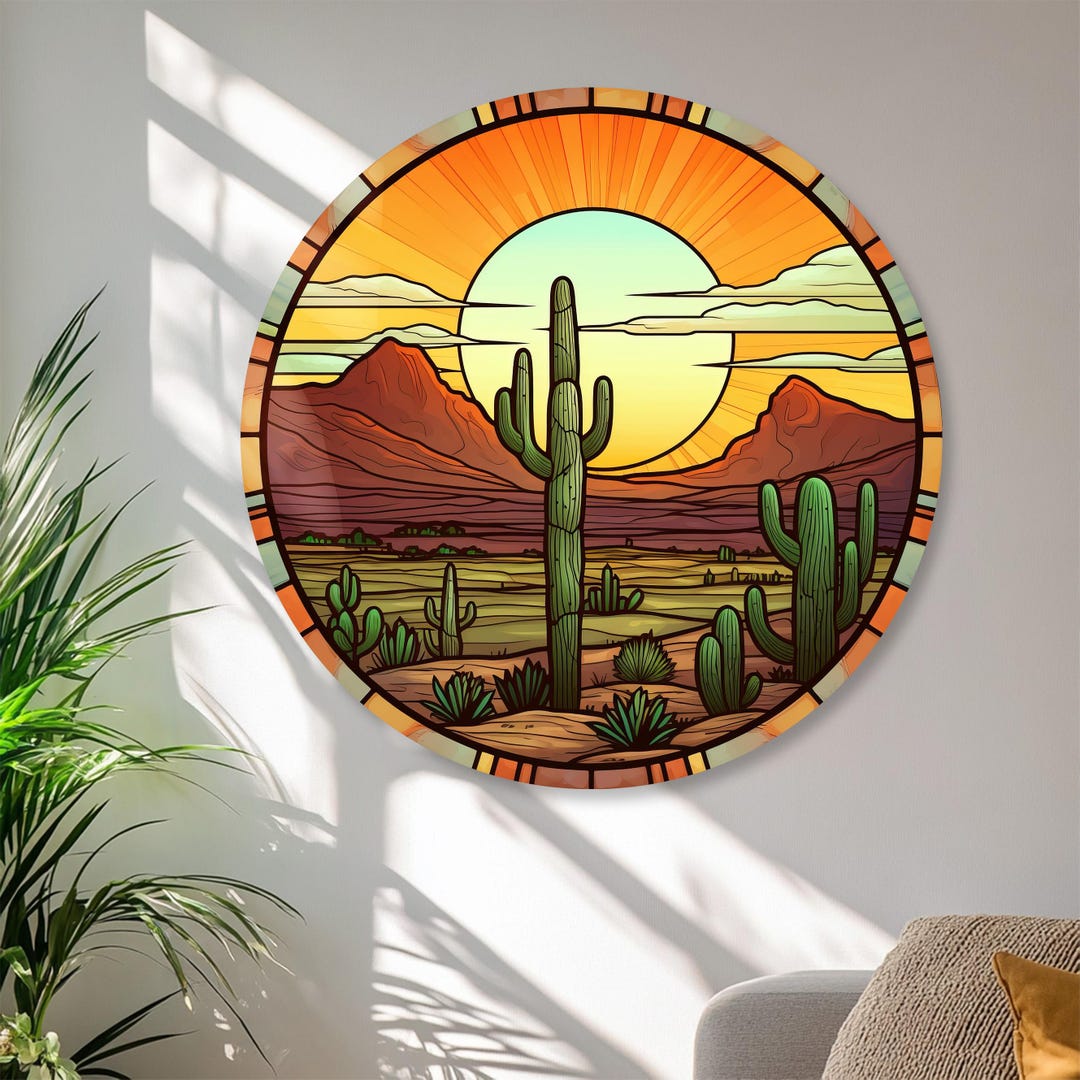 Desert Cactus Sunset Tempered Glass Wall Art – Round Southwestern Glass ...