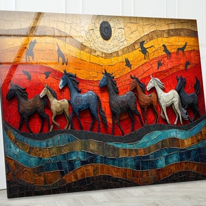 Mosaic Horse Tempered Glass Wall Art: Modern Living Room Decor