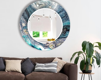 Blue Abstract Round Wall Mirror: Tempered Glass, Modern Decor
