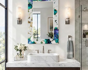 Specchio da parete astratto color verde acqua e viola con motivo a venature dorate, specchio decorativo con centro rotondo, specchio artistico per il bagno.