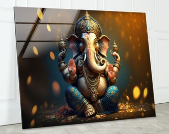 Ganesha Hindu Decor: Tempered Glass Wall Art