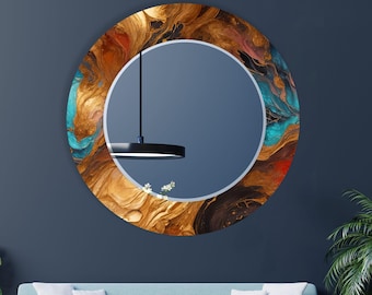Abstract Round Wall Mirror: Tempered Glass Copper Decor