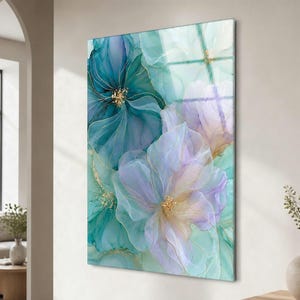 Teal Floral Tempered Glass Wall Art, Lavender Translucent Flowers with Gold Lines, Vertical Botanical Artwork
