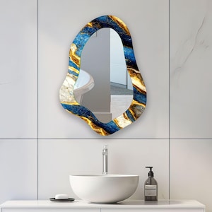 Blue and Gold Marble Asymmetrical Glass Wall Mirror ,  Large Irregular Frame for Modern Bathroom, Vanity, and Entryway Decor