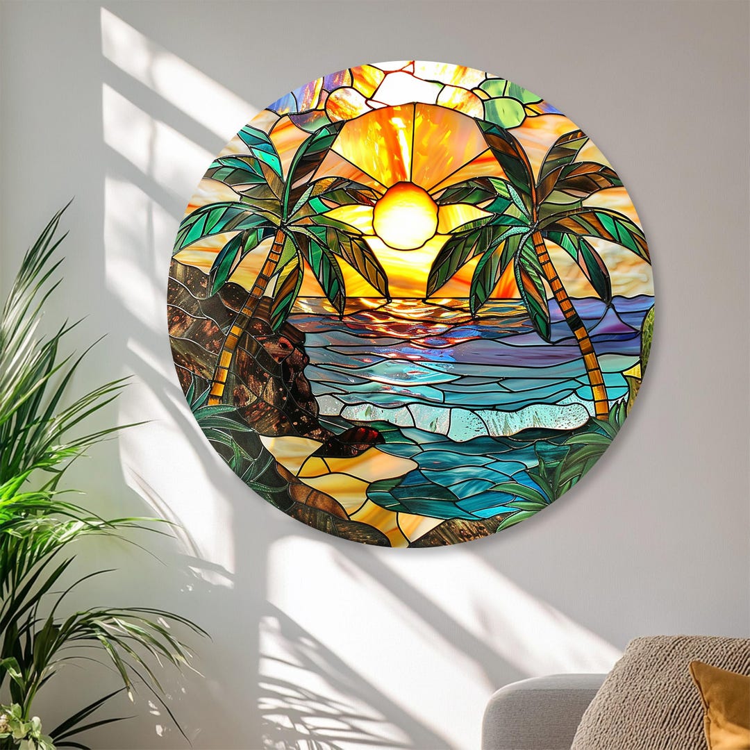 Stained Glass Tropical Sunset Wall Art – Palm Tree Beach Round Decor ...