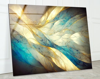 Dunkelblauer Marmor Dekor-Gehärtetes Glas Wand Kunst-Glas Wand Dekor-Glas Druck-Gold Marmor Wand Kunst-Alkohol Tinte Kunst-Blaue Abstrakte Wand Kunst