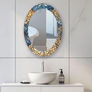 Blue Gold Oval Wall Mirror: Tempered Glass Mosaic Design