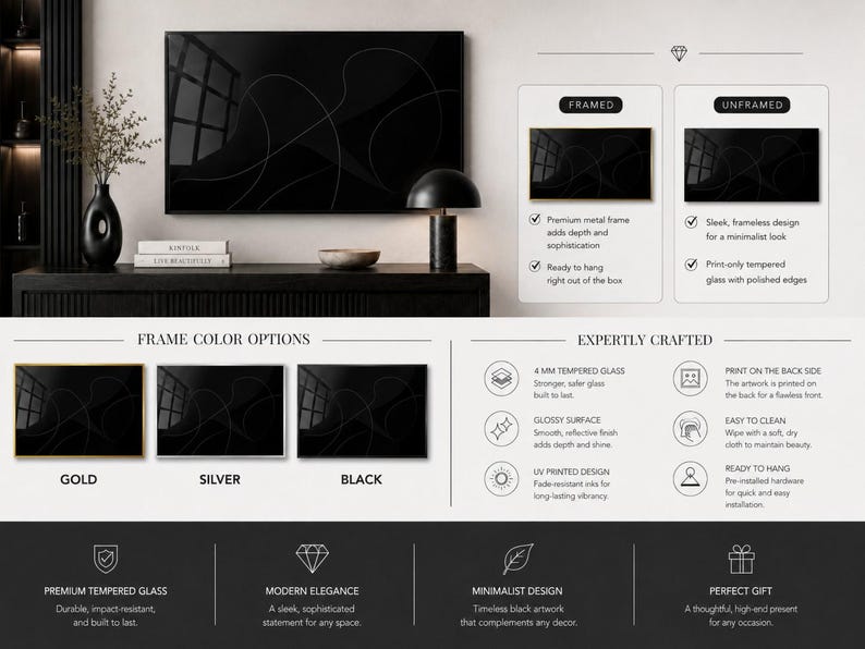 The image is a collage of three framed color options for a television, including gold, silver, and black, as well as a framed and an unframed version of the same television.