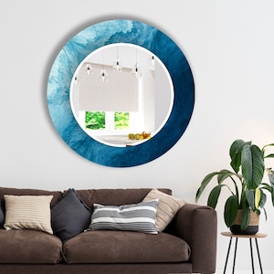 Blue Abstract Wall Mirror for Bathroom, Mirror Wall Decor for Bedroom, Blue Bathroom Mirror for Vanities, Tempered Glass Blue Rounds Mirror