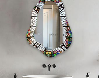 Espejo de pared de vitral hecho a mano: decoración de mosaico asimétrico