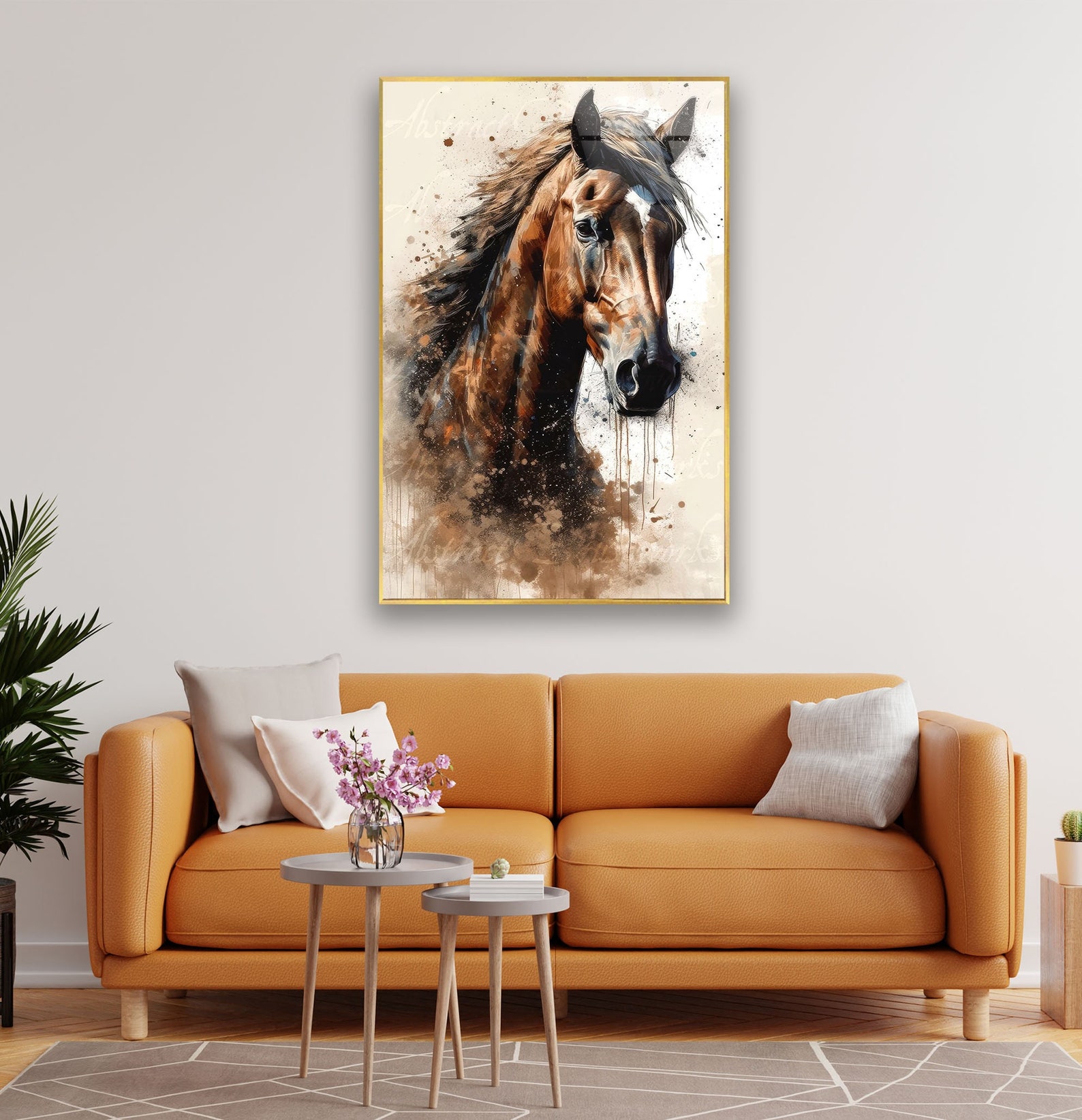 Brown Horse Portrait Watercolor Glass Wall Art for Living Room