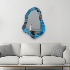 Blue Abstract Asymmetrical Glass Wall Mirror ,  Modern Irregular Glass Mirror ,  Elegant Gold Wall Decor for Entryway & Bathroom