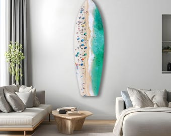 Aerial Beach View Surfboard Tempered Glass Wall Art