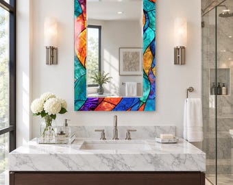 Colorful Abstract Wave Wall Mirror with Turquoise, Orange and Purple Print, Decorative Glass Mirror for Eclectic Bedroom and Entryway