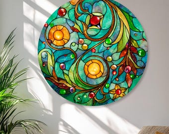 Stained Glass Floral Swirl Wall Art – Colorful Round Mosaic Design for Vibrant Home Decor