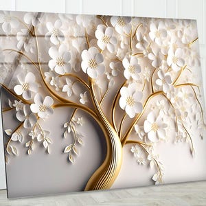 Tempered Glass Floral Wall Art: Gold Flower & Tree Print