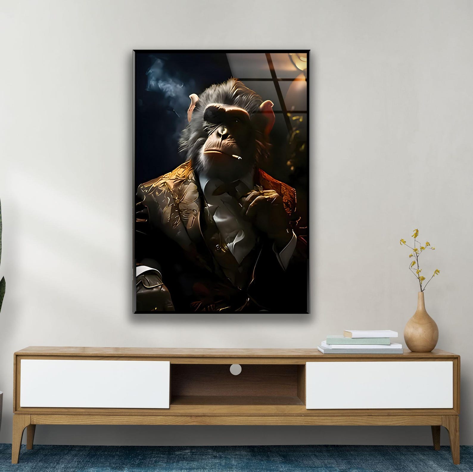 Gorilla Smoking Businessman Glass Wall Art Glass Panel Art for Home