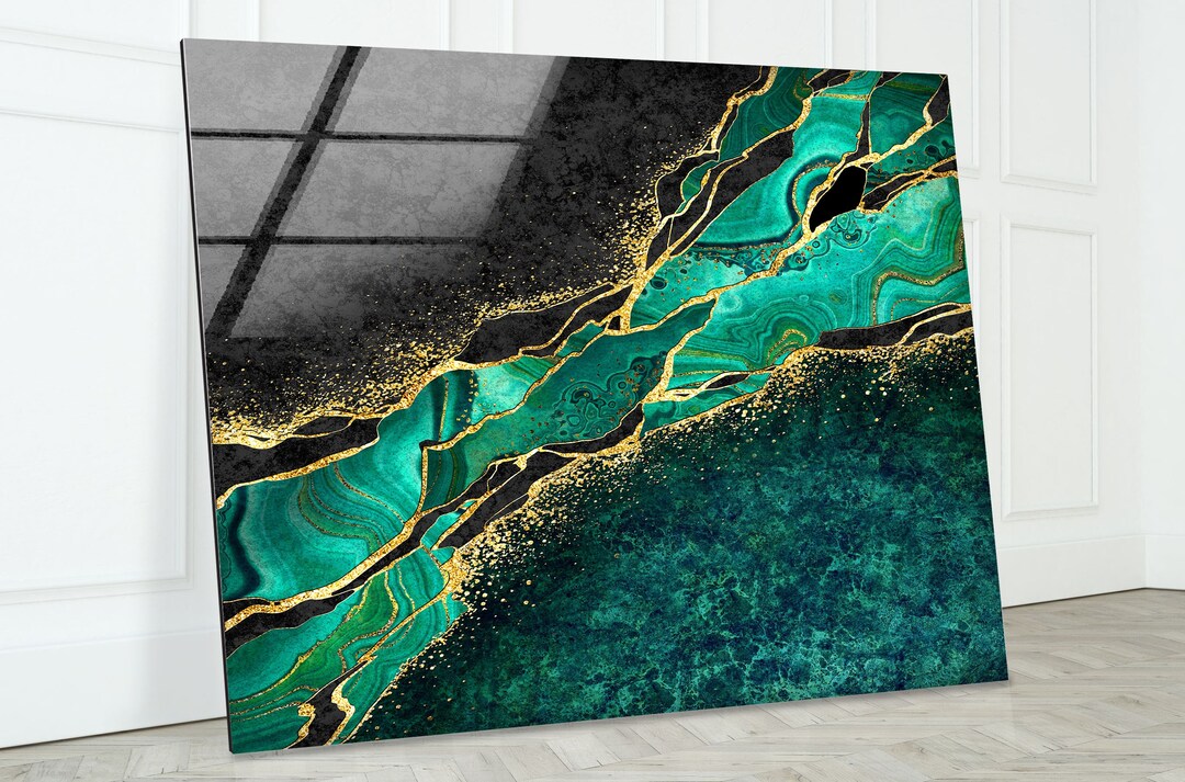 Green Abstract Marble Tempered Glass Wall Art: Gold Accent Decor - Etsy