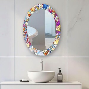 Stained Glass Oval Wall Mirror: Tempered Bathroom Vanity Decor