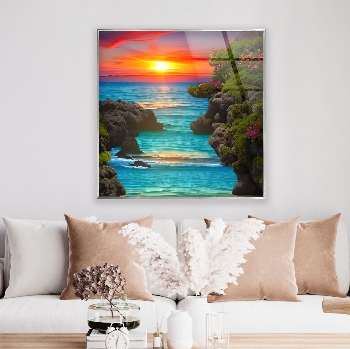 Golden Sunset Ocean View Wall Art Tropical Landscape Tempered Glass