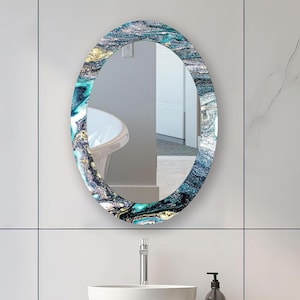 Oval Blue Gold Tempered Glass Wall Mirror: Modern Bathroom Bedroom Decor