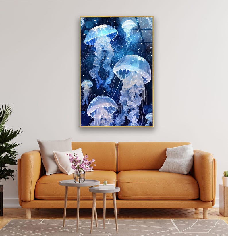a living room with a couch and a painting on the wall