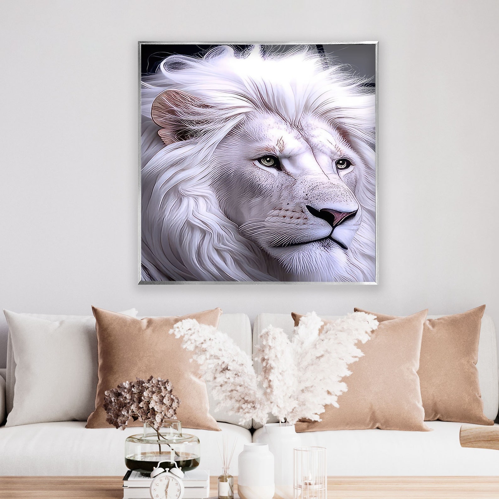 Roaring Beauty White Majestic Lion Modern Glass Wall Art Glass Hanging