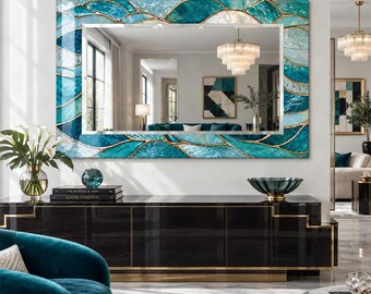 Aqua and Teal Leaf Wall Mirror with Gold Outline Stained Glass Effect Print, Decorative Glass Mirror for Coastal Bedroom and Entryway