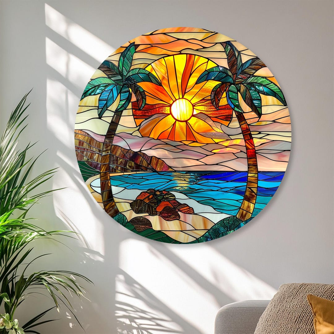 Tropical Sunset Tempered Glass Wall Art, Palm Tree Beach Round Stained ...