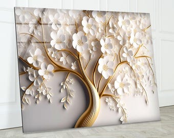 Tempered Glass Floral Wall Art: Gold Flower & Tree Print