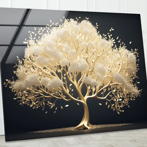 Art mural en verre trempé, décoration murale d’arbre d’or, décoration intérieure, art d’impression sur verre, cadeaux d’art mural naturel pour elle, art mural d’arbre, art en verre trempé