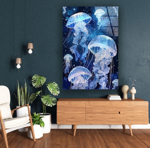 Tempered Glass Jellyfish Wall Art: Modern Aquarium Decor