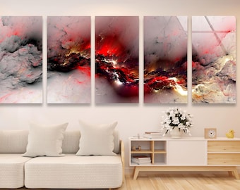 Handmade Tempered Glass Wall Art: Red Fractal Abstract Print