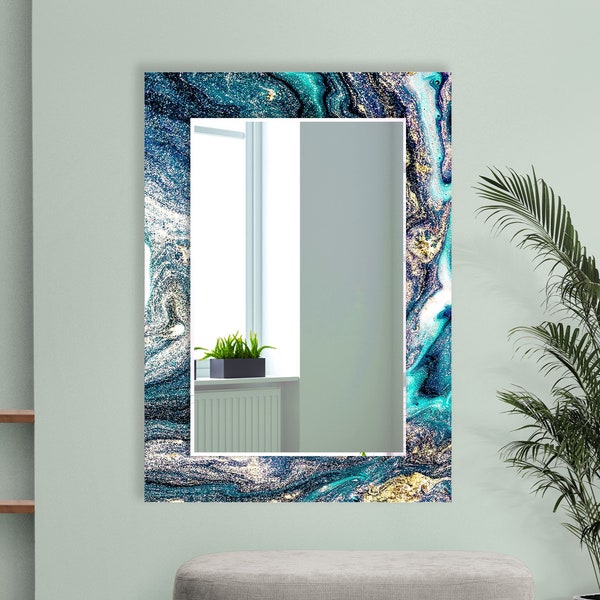 Espejo de baño azul para tocadores-Espejo plateado de vidrio templado regalo-Espejo de pared abstracto azul para baño-Espejo decoración de pared para dormitorio