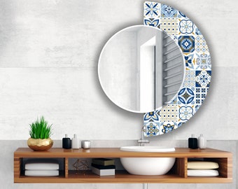 Halbkreisspiegel – asymmetrischer Spiegel – blauer Mosaikspiegel – Fliesenspiegel auf gehärtetem Glas – Eingangsbereich, Flurspiegel – runder Spiegel für Badezimmer