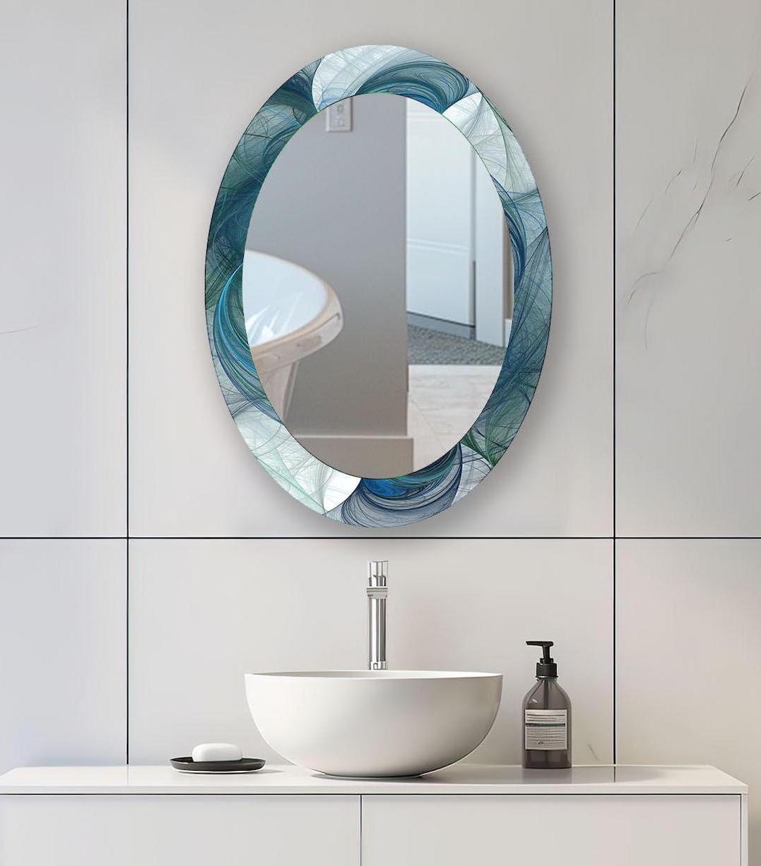Blue Abstract Oval Wall Mirror: Tempered Glass Bathroom Decor - Etsy