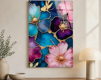 Teal Pink Floral Glass Wall Art, Gold Flower Decor, Vertical Tempered Glass, Alcohol ink Flower Wall Art