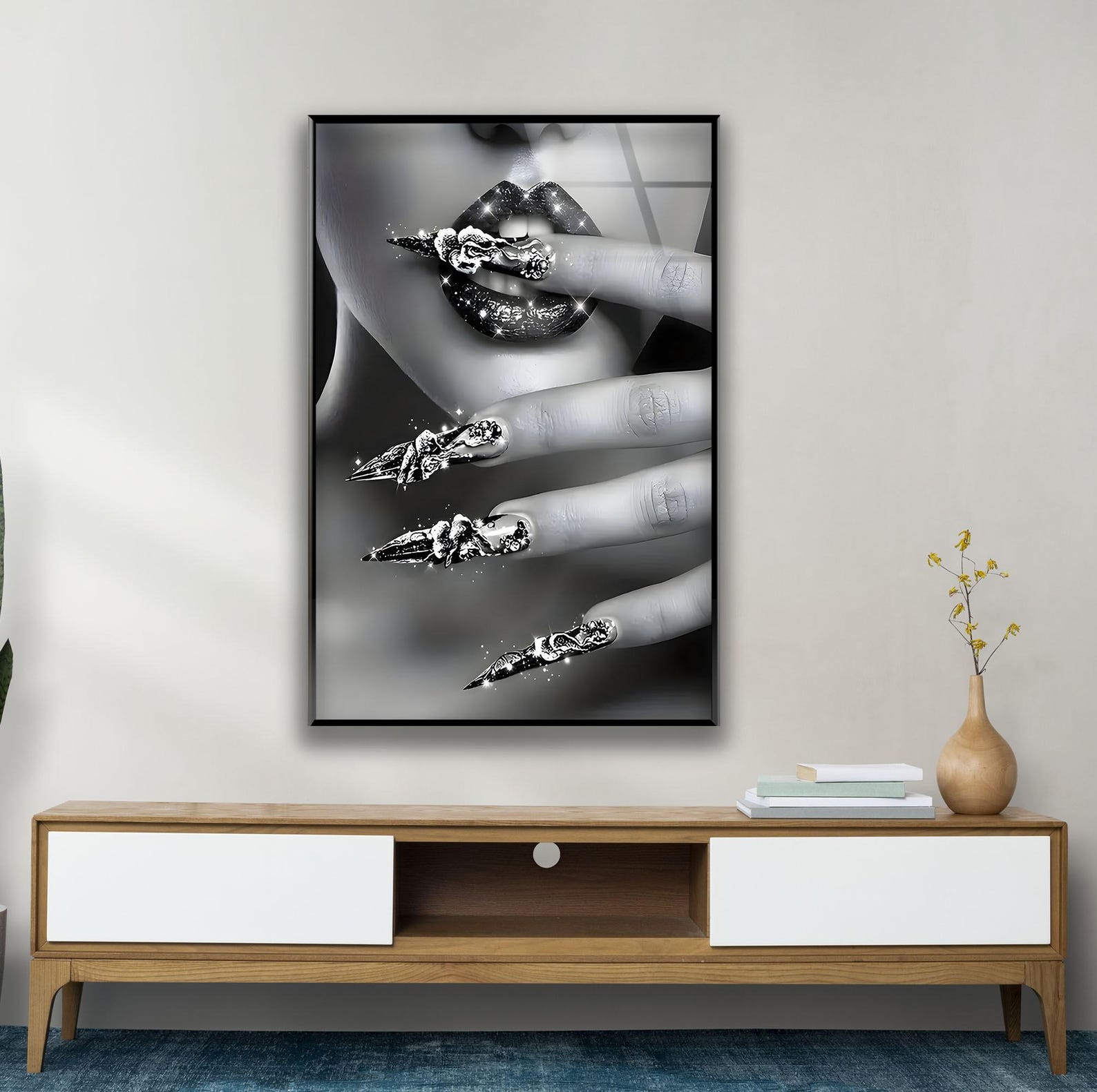 Woman With Bright Nails Black & White Glass Panels for Sale Custom