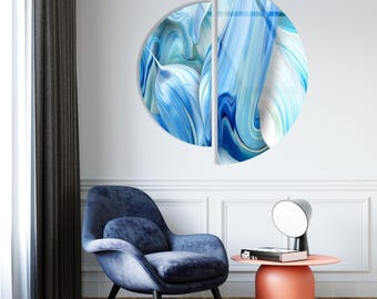 Blue Abstract Tempered Glass Wall Art Set ,  Large Decorative Round Pieces for Her