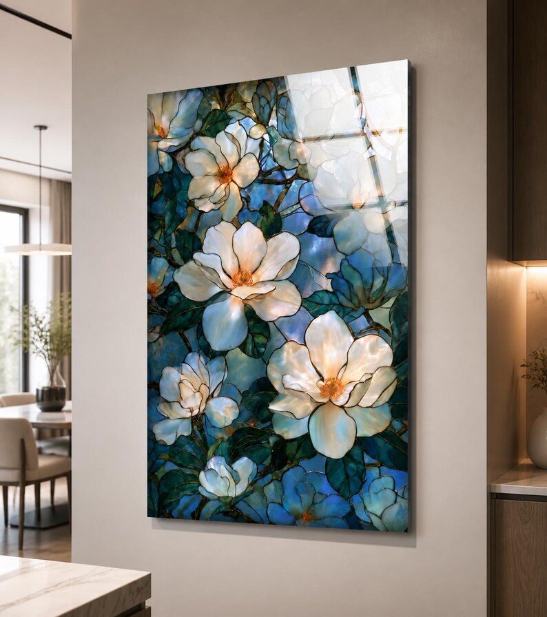 Vertical botanical artwork featuring large white flowers with glowing warm orange centers.