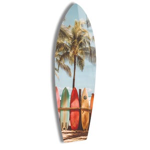 Surfboard Wall Art ,  Coastal Beach Decor ,  Tropical Surfboard Print ,  Palm Tree Wall Hanging ,  Ocean Lover Gift ,  Glass Wall Art