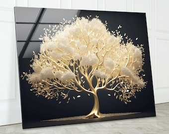 Golden Tree Tempered Glass Wall Art: Modern Home Decor