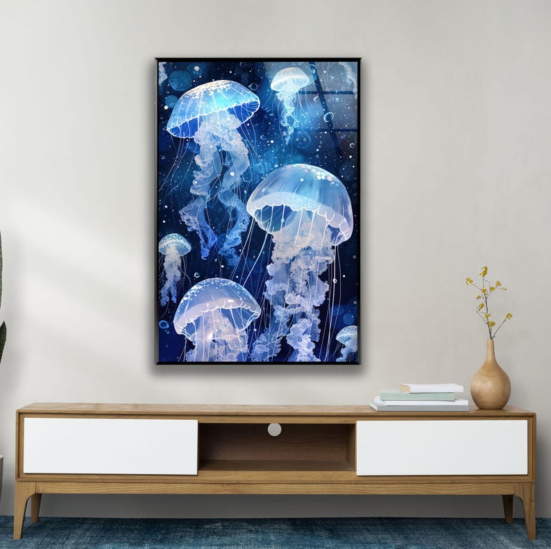 a painting of jellyfish floating in the ocean