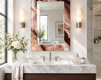 Burgundy and Blush Agate Effect Wall Mirror with Gold Tempered Glass Mirror, Large Wall Mirror, Decorative mirror, Bathroom mirror