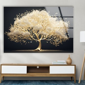 a painting of a tree with white flowers on a black background