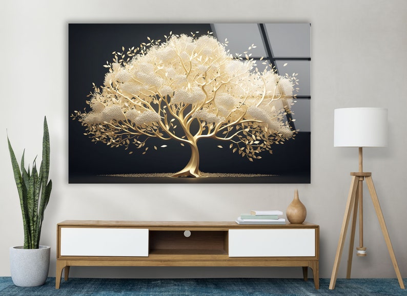 a painting of a tree with white flowers on a black background