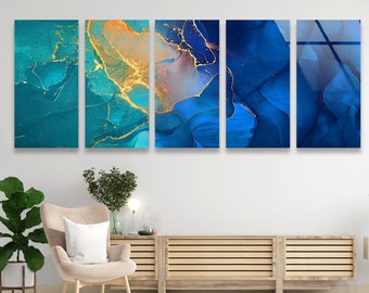 Blue & Green Panoramic Tempered Glass Wall Art ,  Abstract Marble Design ,  Extra Large Size ,  Perfect Wall Decor for Her