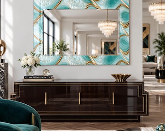 Aqua and Gold Agate Swirl Wall Mirror with Pearl Effect Print, Decorative Glass Mirror for Coastal Bedroom, Living Room and Entryway
