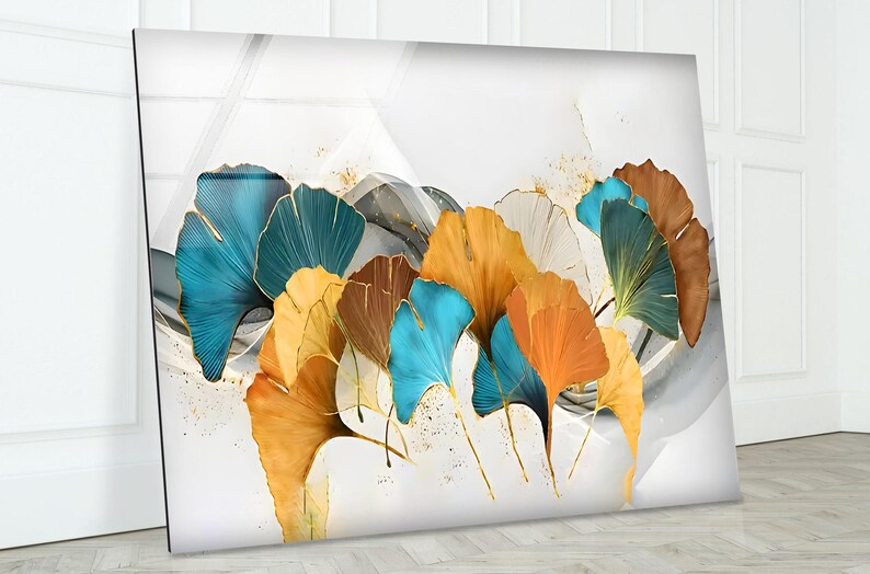 Blue Green Yellow Gold Plant Leaf Nordic Colored Glass Artwork Glass